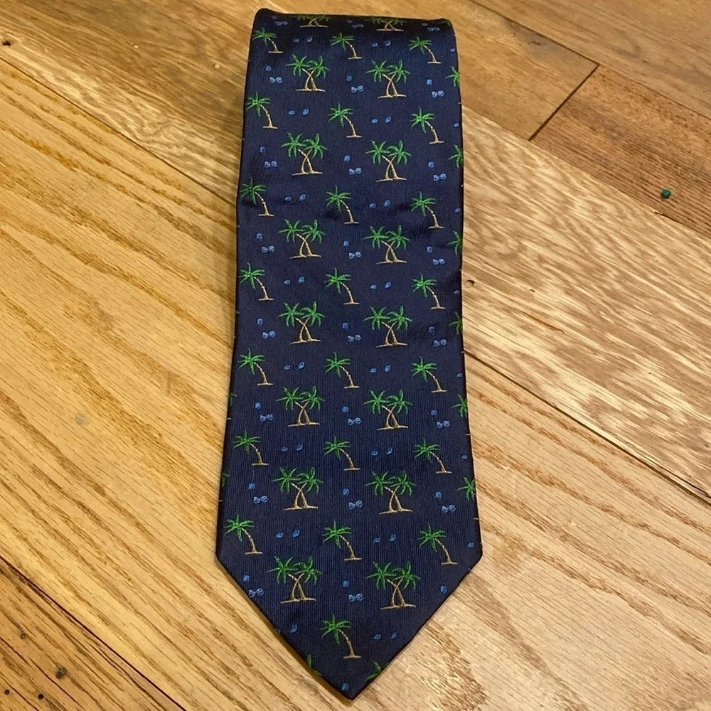 J Crew 100% Silk USA Made Tie Navy Blue Green Palm Trees